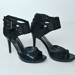 Anne Michelle Edgy Black Heels with Ankle Strap